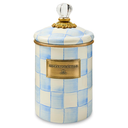 MACKENZIE-CHILDS Enamel Canister, Kitchen Storage Container with Lid, Medium, 48-Ounce Capacity, Light-Blue-and-White Sky Check