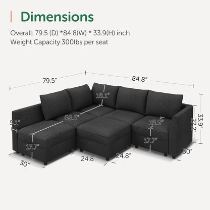 HONBAY Modular Sectional Sofa L Shaped Sectional Couch with Storage, Convertible Couches for Living Room - Linen Grey