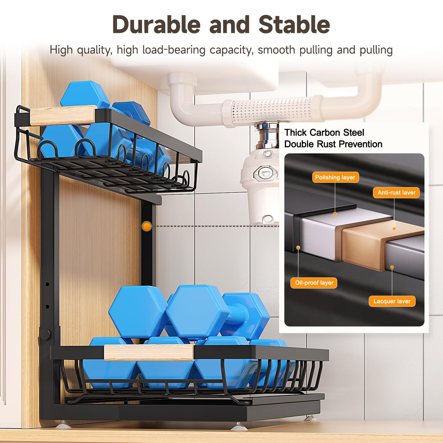 Sevenblue 2 Packs Under Sink Organizer, Height Adjustable 2 Tier Under Kitchen Sink Organizer, Multi-Purpose Storage Shelf for Kitchen Bathroom Cabinet (Black, Large)