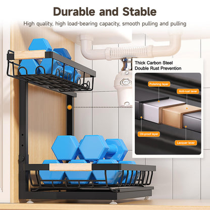 Sevenblue 2 Packs Under Sink Organizer, Height Adjustable 2 Tier Under Kitchen Sink Organizer, Multi-Purpose Storage Shelf for Kitchen Bathroom Cabinet (Black, Large)