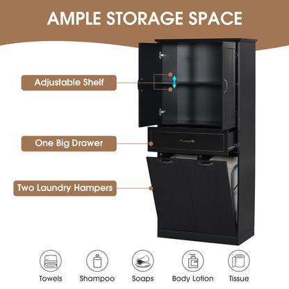 Virubi Tall Tilt Out Laundry Cabinet with 2 Tilt Out Laundry Hamper, Wood Bathroom Storage Cabinet with Doors,Drawers and Adjustable Shelves Freestanding (Black)