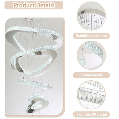 ykolupty H138 Modern Large Chandelier for High Ceiling 6-Rings Chandelier with LED Dimmable Crystal Ring Pendant Light High Ceiling Chandeliers for Living Room Foyer Entryway Silver Hanging Light