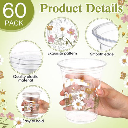 Hushee 60 Pcs Boho Floral Cups with Spring Summer Flower 16 oz Wildflowers Plastic Disposable Drinking Cups for Summer Spring Autumn Birthday Baby Shower Party Supplies