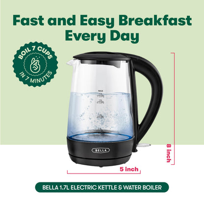 bella 1.7 Liter Glass Electric Kettle, Quickly Boil 7 Cups of Water in 6-7 Minutes, Soft Blue LED Lights Illuminate While Boiling, Cordless Portable Water Heater, Carefree Auto Shut-Off, Black