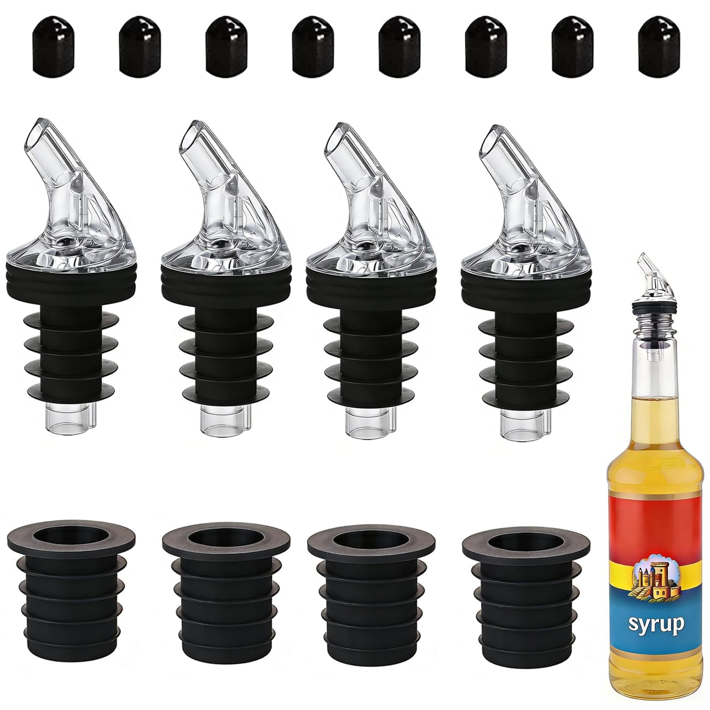 Pour Spout for Torani Sugar-Free Syrup 25.4 Fl Oz Bottle，Pourers for Large small Torani Sugar-Free Syrup。Leak-Proof,4-piece Large small + 8 Black Lid Caps (Black, 4)