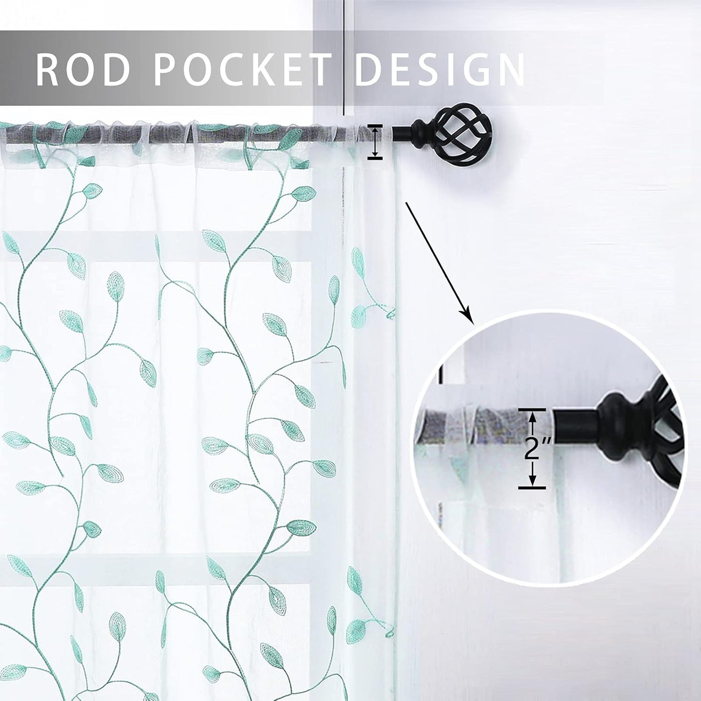 MRTREES Sheer Tier Curtains, Christmas Kitchen Tiers Rod Pocket, Leaf Embroidery Bathroom Curtain Panels, Aqua Blue