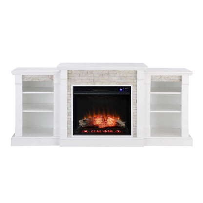 SEI Furniture Gallatin Faux Stone Electric Fireplace with Bookcases, New White