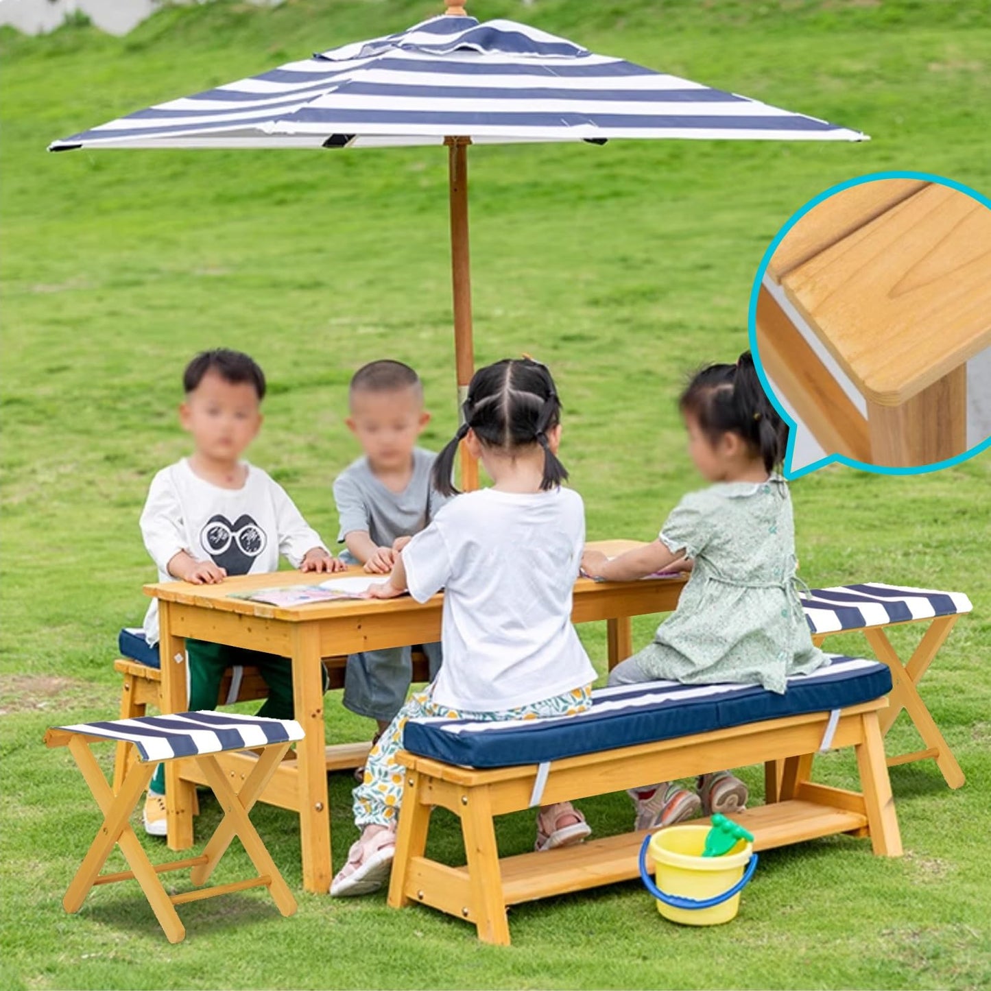 LLZJDDPLY Kids Wooden Picnic Table, Outdoor Activity Dining Table w/Adjustable Collapsible Umbrella, Children Backyard Furniture, for Patio, Garden(Green)