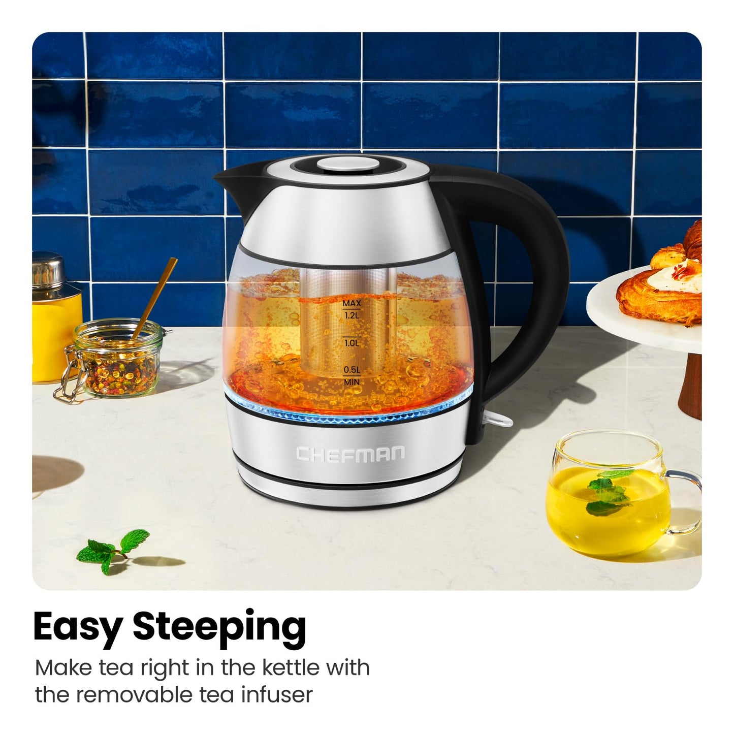 CHEFMAN Electric Kettle - 1.2L 1500W Hot Water Tea Pot with Infuser, BPA Free, Auto Shut Off, Boil-Dry Protection, Removable Lid, LED Light, Cordless Glass Electric Tea Kettle – Stainless Steel