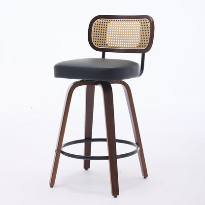 KEIKI Set of 3 Counter Height Bar Stools - 26 inch Rattan Counter Height Stools with Cane Back, Upholstered Seat, Walnut Craftsmanship, Swivel Counter Stools for Kitchen/Counter/Bar, Walnut, Black