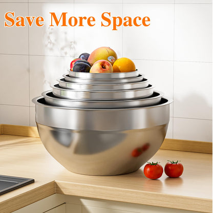 Winproper Mixing Bowls with Lids Set, 6 PCS Stainless Steel Mixing Bowls with 3 Grater Attachments, Kitchen Food Storage Organizers Nesting Mixing Bowl, Large Size 4.5, 3.5, 2.1, 1.5, 1.1, 0.7QT