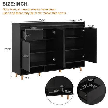 Ball & Cast 55" Modern Shoe Cabinet with Doors and Drawer, Freestanding Shoes Rack with Solid Wood Legs & Adjustable Shelf, Storage Sideboard for Entryway,Living Room,Hallway,Bedroom Black