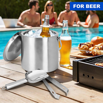 Yeatruojeet Ice Bucket, 3L Double Wall Insulated Ice Bucket with Lid,Scoop,Tongs- Inner Layer 304 Stainless Steel Ice Container Keep Ice Frozen Longer- Ideal for Cocktail Bar,Parties,Chilling Beer Win