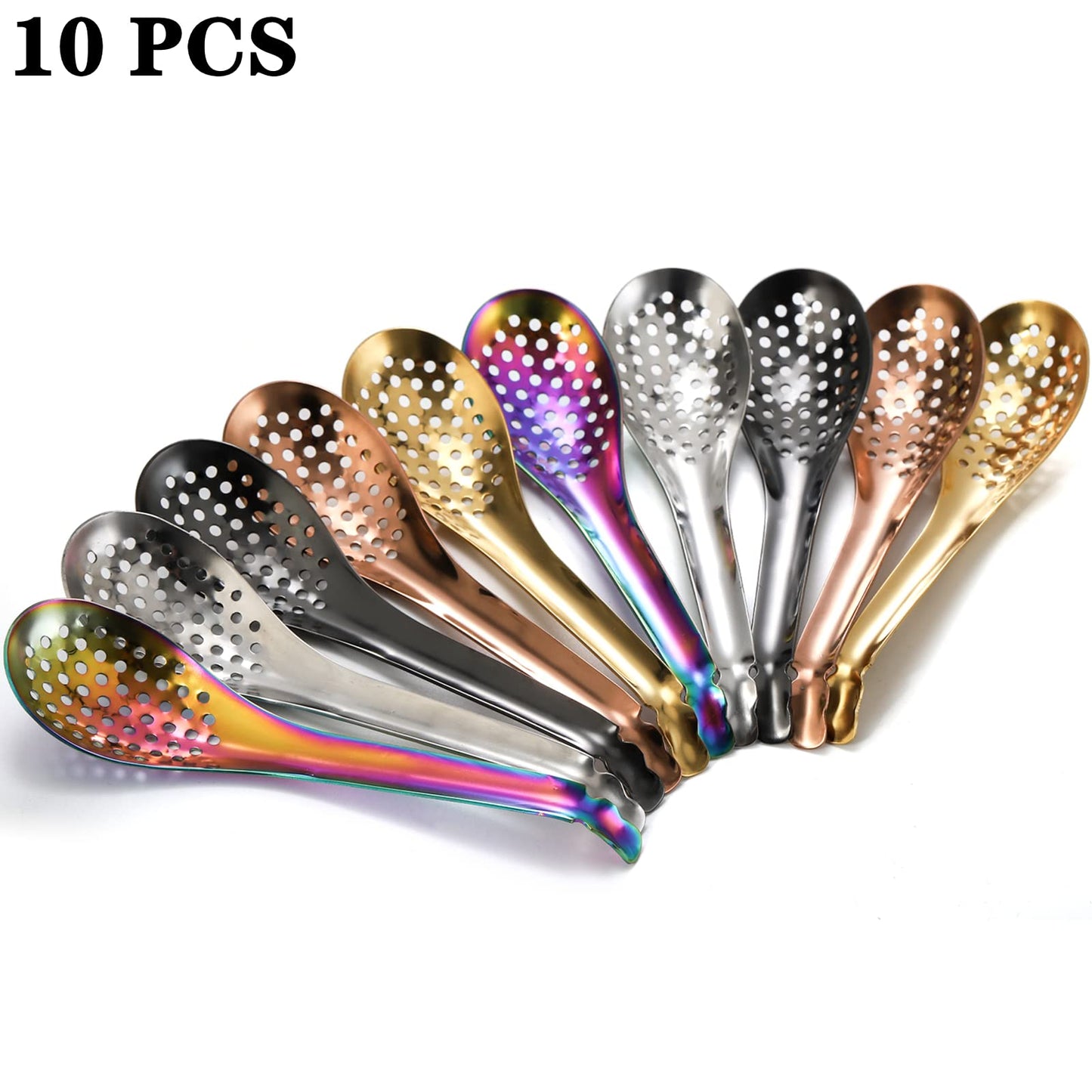 DEAYOU 10 PCS Slotted Serving Spoons, 18/10 Stainless Steel Perforated Spoon, 6.5" Spherification Spoon, Small Plating Spoons for Basting, Caviar, Molecular Mixologist, 56 Hole, Heatproof, Multi-Color
