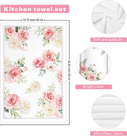 15.7 23.6 Inch, Pink Flower Microfiber Kitchen Towels, Soft Absorbent Watercolor Floral Hand Towel Thick Dish Cloth