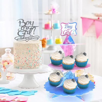 Gender Reveal Cupcake Stand, 3 Tier Cardboard Cake Stand for Blue and Pink Party Decorations