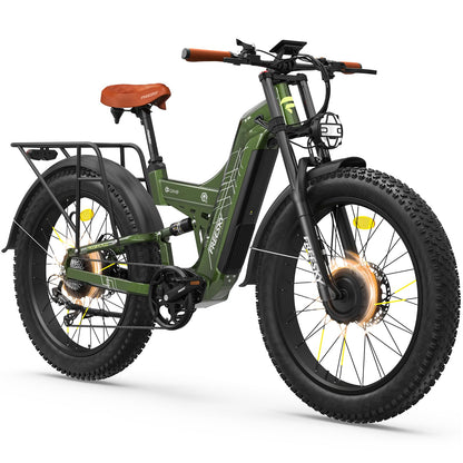 FREESKY 4000W Dual Motor Electric Bike for Adults, 40+MPH AWD Fast E-Bike, 48V 30AH Battery 120Miles Range, 26" Fat Tire Full Suspension Off-Road Mountain E Bike, Green Warrior