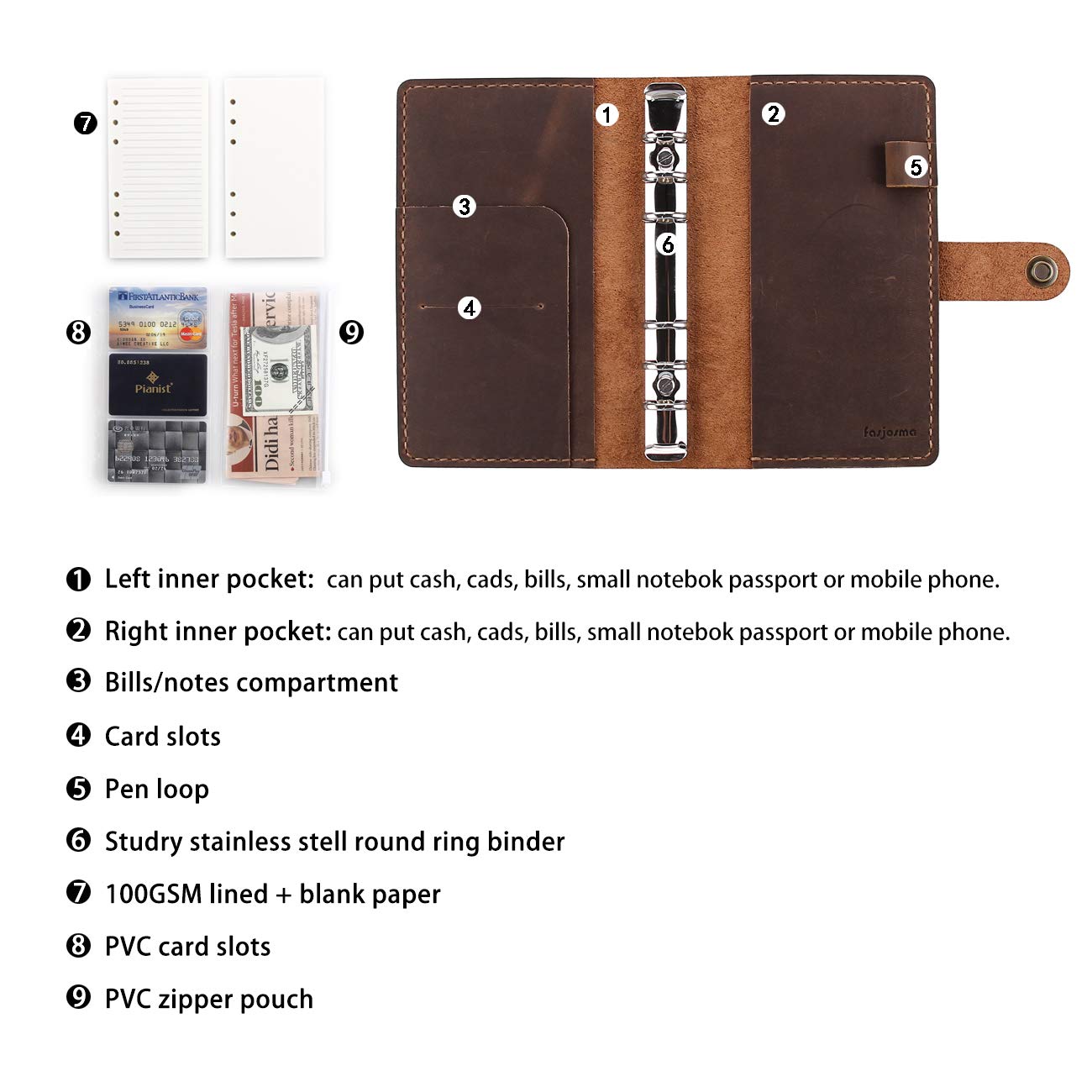 Leather Journal Refillable Writing Notebook, A6 Personal Size 6 Ring Binder Spiral Notebook, Handmade Genuine Leather Refillable Journal Binder Diary, Pocket Binder Traveler Notebook-Brown