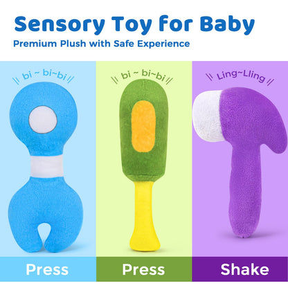 KMUYSL Baby Toys 0-6-12 Months, My First Tools Plush Toys -4 Pcs Sensory Playset Soft Toys with Squeaker Crinkle for 0-6-9-12 Months Newborn Infant, Birthday Christmas Gifts for Boys Girls