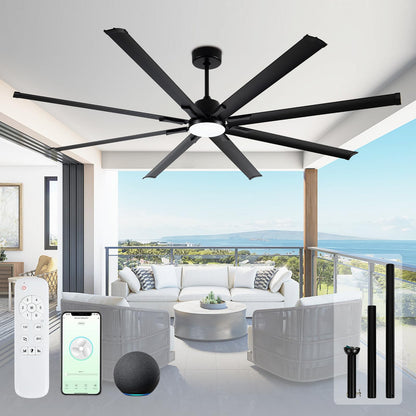84 Inch Industrial Ceiling Fans with Light,Large Ceiling Fan with Modern 8 Aluminum Blades,Compatible with Alexa,Noiseless DC Motor,Black Outdoor Fan for Garage or Pool area