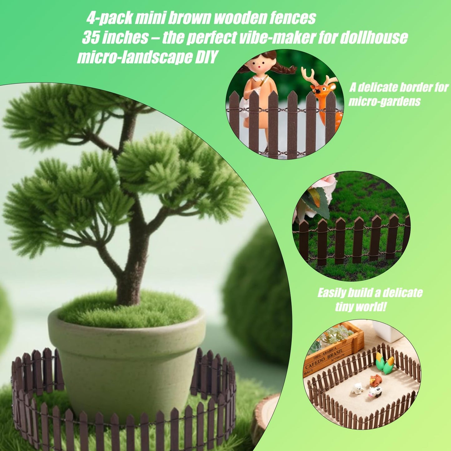 Fjxxxn 4-Pack 35-Inch Mini Garden Fences，Brown Wood Picket Fairy Garden Fence & Christmas Village Accessories for Dollhouse, Miniature Landscape & Plant Pot DIY Displays