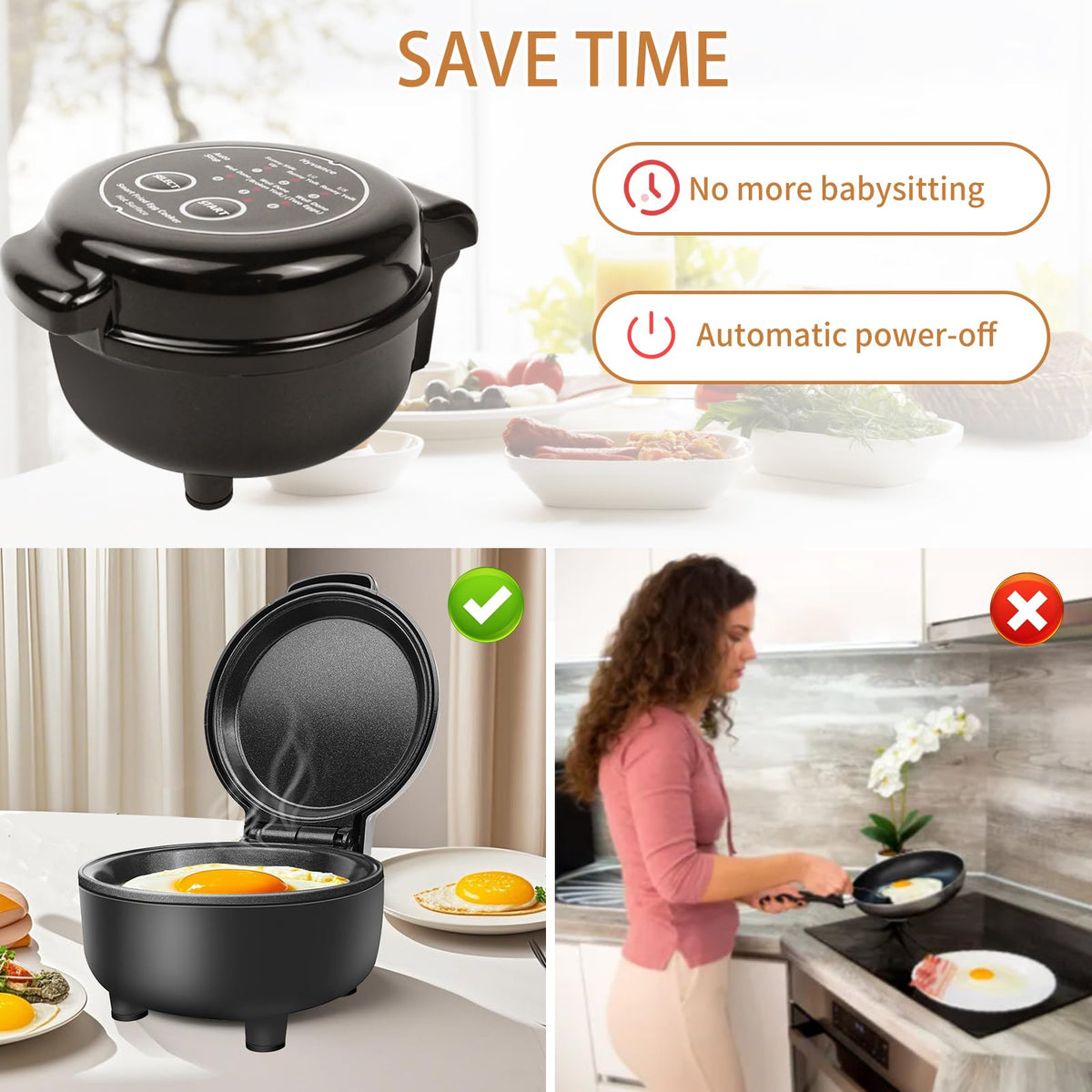 Hyvance Smart Fried Egg Cooker, Automatic Fried Egg Maker for 6 Features like Sunny Side Up, Over Easy, Fully Cooked & More. Auto Power Off, Alarm, Round Shape, Non Stick Coating (Black)