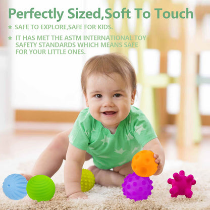 Baby Sensory Toy Bundle - 6-Piece Infant Textured Squeeze Balls (Multi-Massage) + Rattle Teething Balls, Montessori Soft Chew Rattles, Safe Wheat Straw Travel Toys, Developmental Newborn 6-12 Months