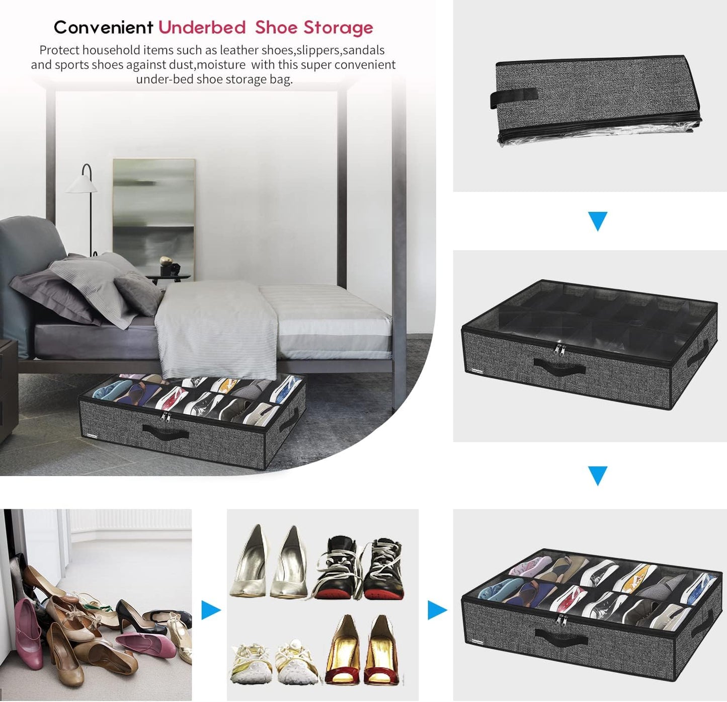 1 Pack 12 Closet, MXAUBSB1P Onlyeasy Under Bed Shoe Storage Organizer with Sturdy Handles and Clear Window Fits Pairs