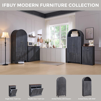 IFBUY Triple Tilt Out Laundry Hamper Cabinet, Modern Fluted Trash Can Cabinet with 3 Drawers, 20 Gallon Hidden Garbage Can Cabinets w/Laundry Basket & Adjustable shelf for Bathroom and Kitchen, Grey