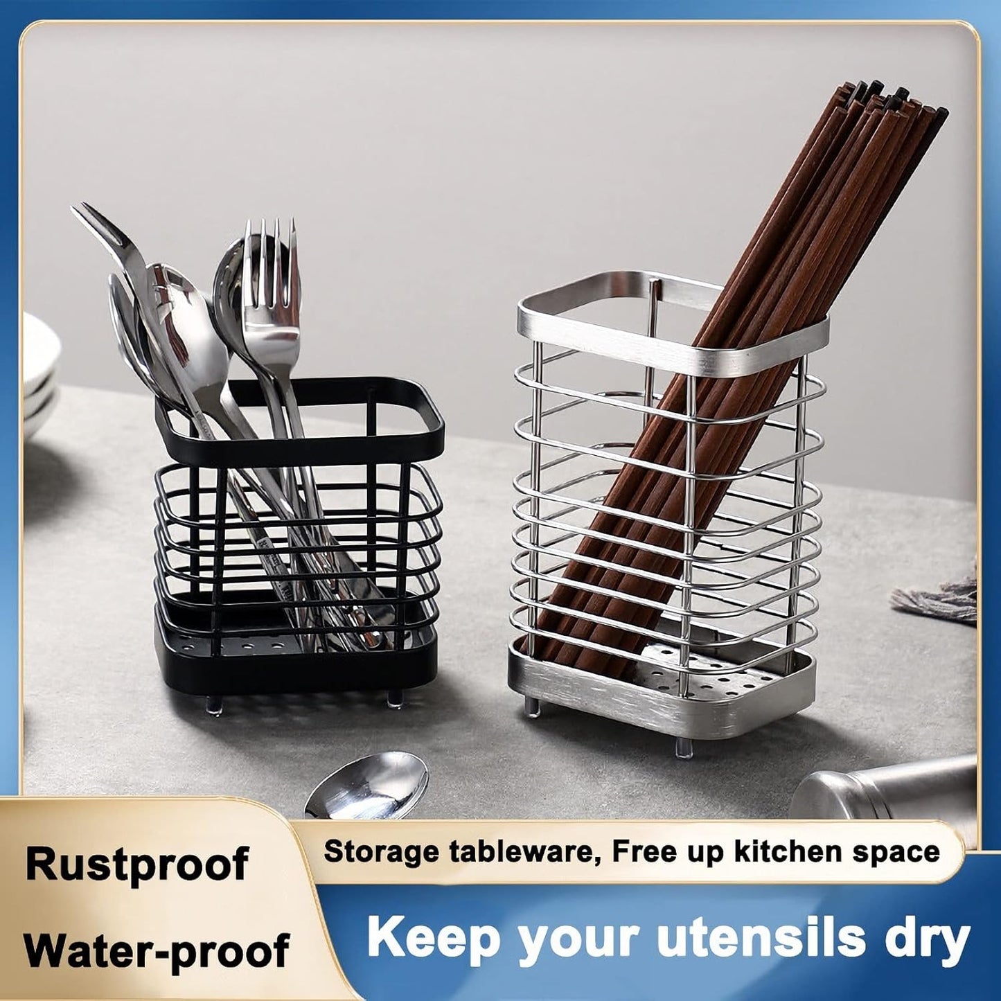 Stainless Steel Kitchen Utensil Holder, Countertop Drying Caddy, Rust-Proof Cutlery Drainer for Kitchen Utensils
