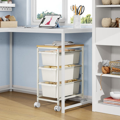 Rolling Storage Cart with 3 Drawers, Craft Organizer, Wooden Tabletop Utility Cart for Bedroom, Children's Room and Office Organization, Under Desk Trolley with Lockable Wheels,White