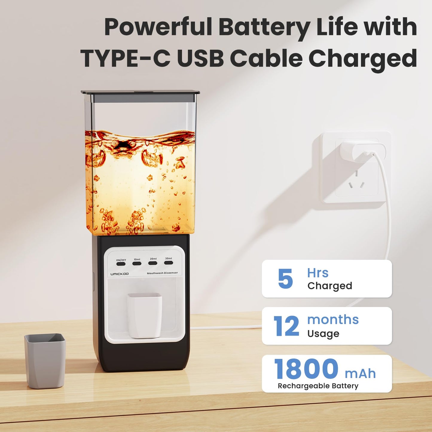 WOVAZUS Auto-Mouthwash Dispenser for Bathroom - 700mL Rechargeable Wall-Mounted with 2 Magnetic Cups, 3 Smart Levels, No-Drill Installation for Kids & Adults (12-Month Battery)