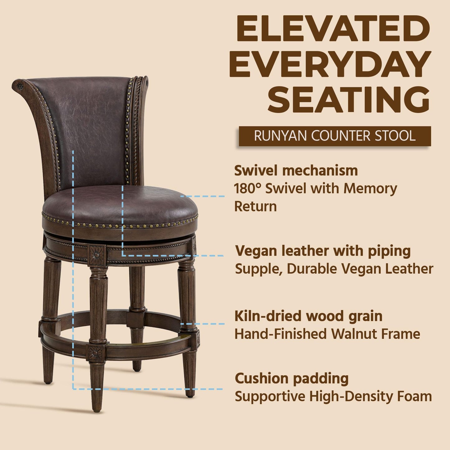 ROME + OAK Runyan 26" Swivel Counter Stool, Rotating High Back Barstool in Dark Walnut Finish with Vintage Brown Vegan Leather Seat