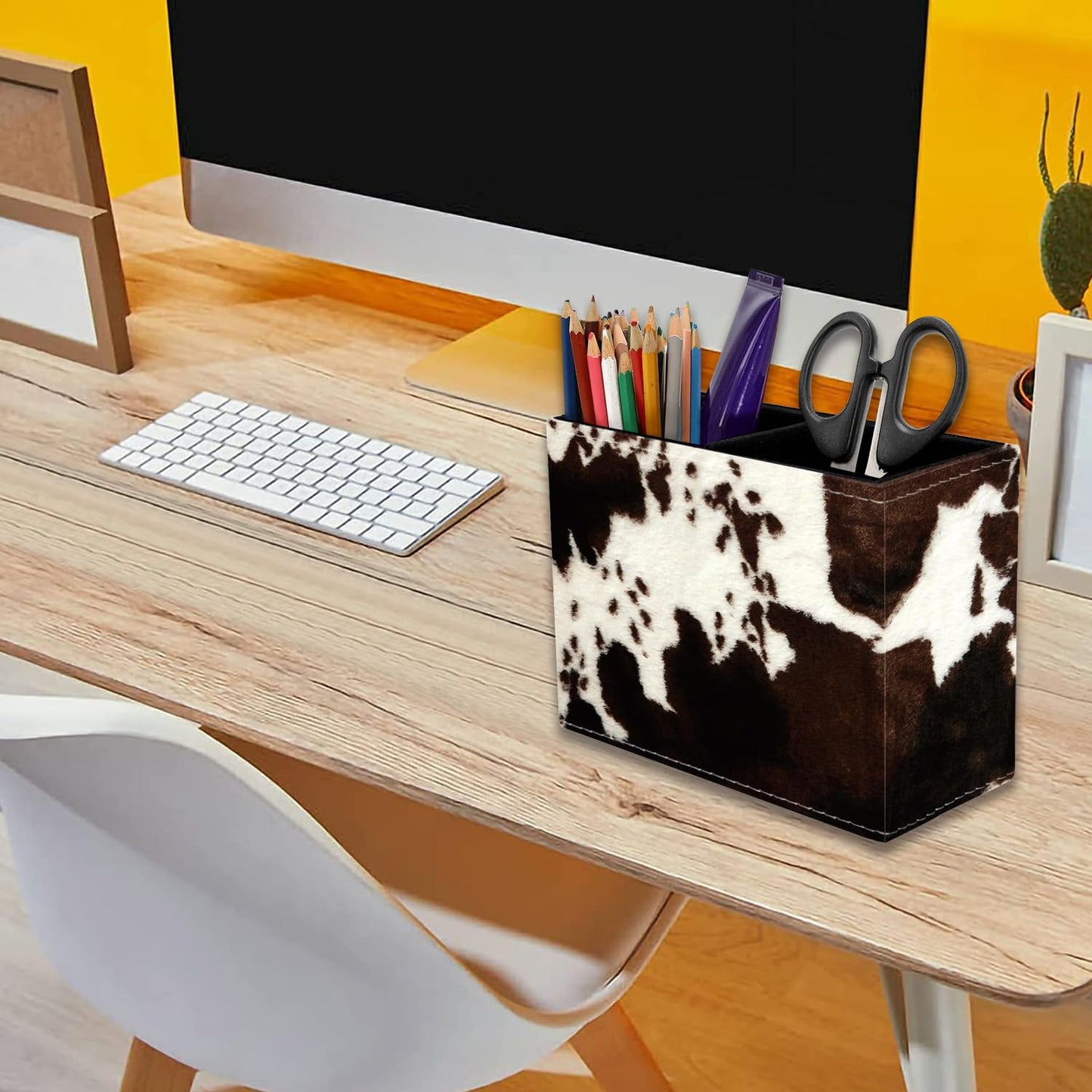 VSHSEEOM Cow Hide Print Pencil Holder for Desk, PU Leather Multifunctional Mobile Pen Holder Desktop Organizer Makeup Brush Holder for Classroom, Office and Home