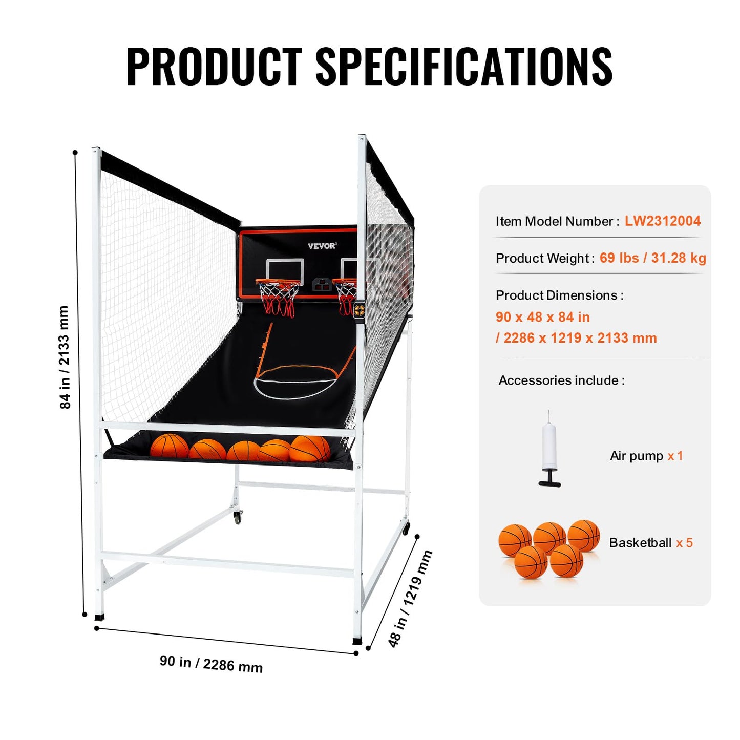 VEVOR Arcade Cage Basketball Game, 2 Player Home Dual Sport with 5 Balls, 8 Game Modes, Electronic Scoreboard, and Inflation Pump, Indoor Basketball Game for Kids, Youth Adults