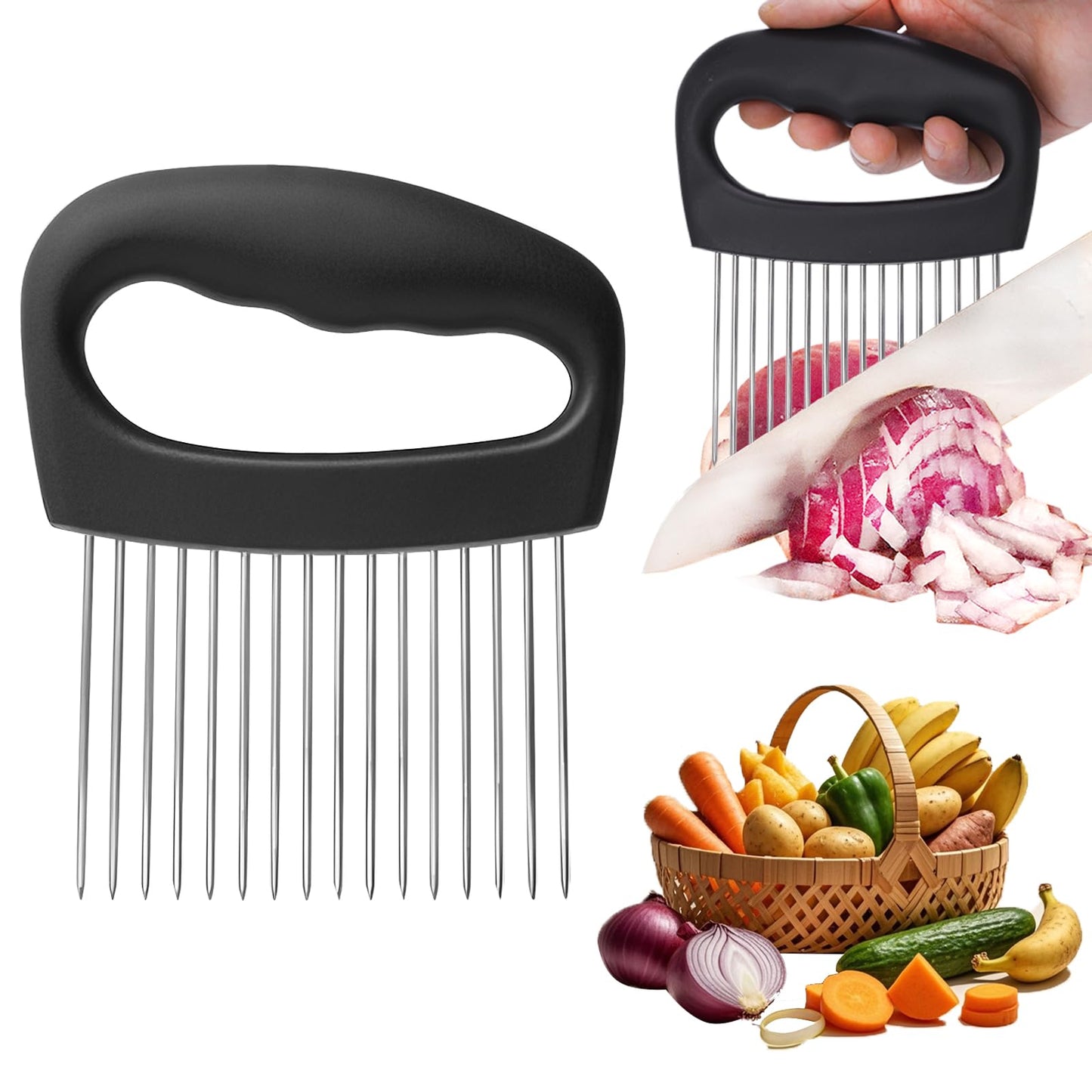 FANTEXY Onion Holder for Slicing - Onion Slicer and Meat Tenderizer Extra Large 16-Prong Stainless Steel, Vegetable Chopper for Potatoes, Tomatoes Slicer Assistant Tool for Lemons,Avocados,Carrot