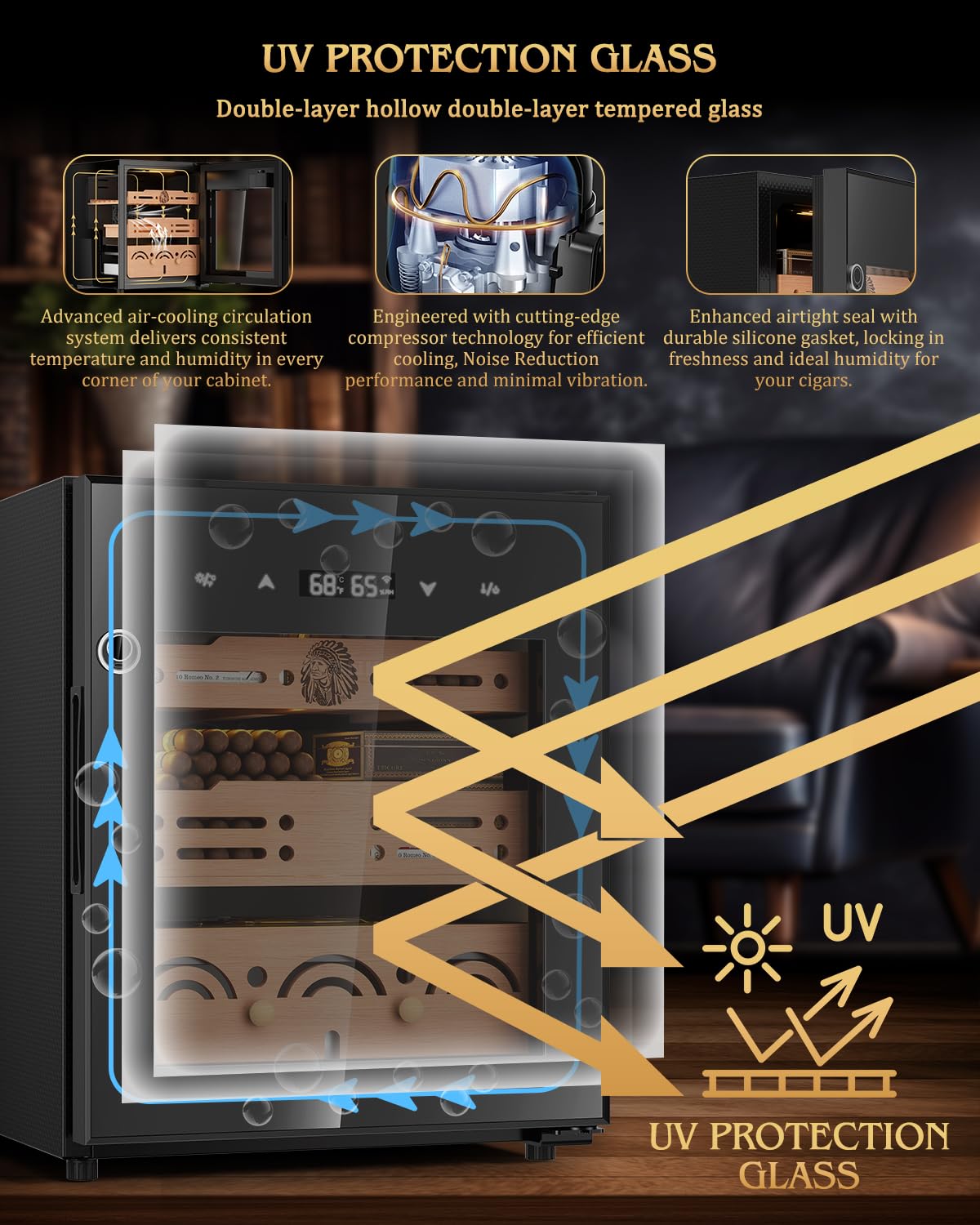 FANKAI Electric Cigar Humidor Cabinet with Temperature & Humidity Control System, 50L Cooling Cigar Fridge up to 300 Counts, Cedar Wood Shelves,Digital LED Screen,Fingerprint Safety Lock,Gift for Men