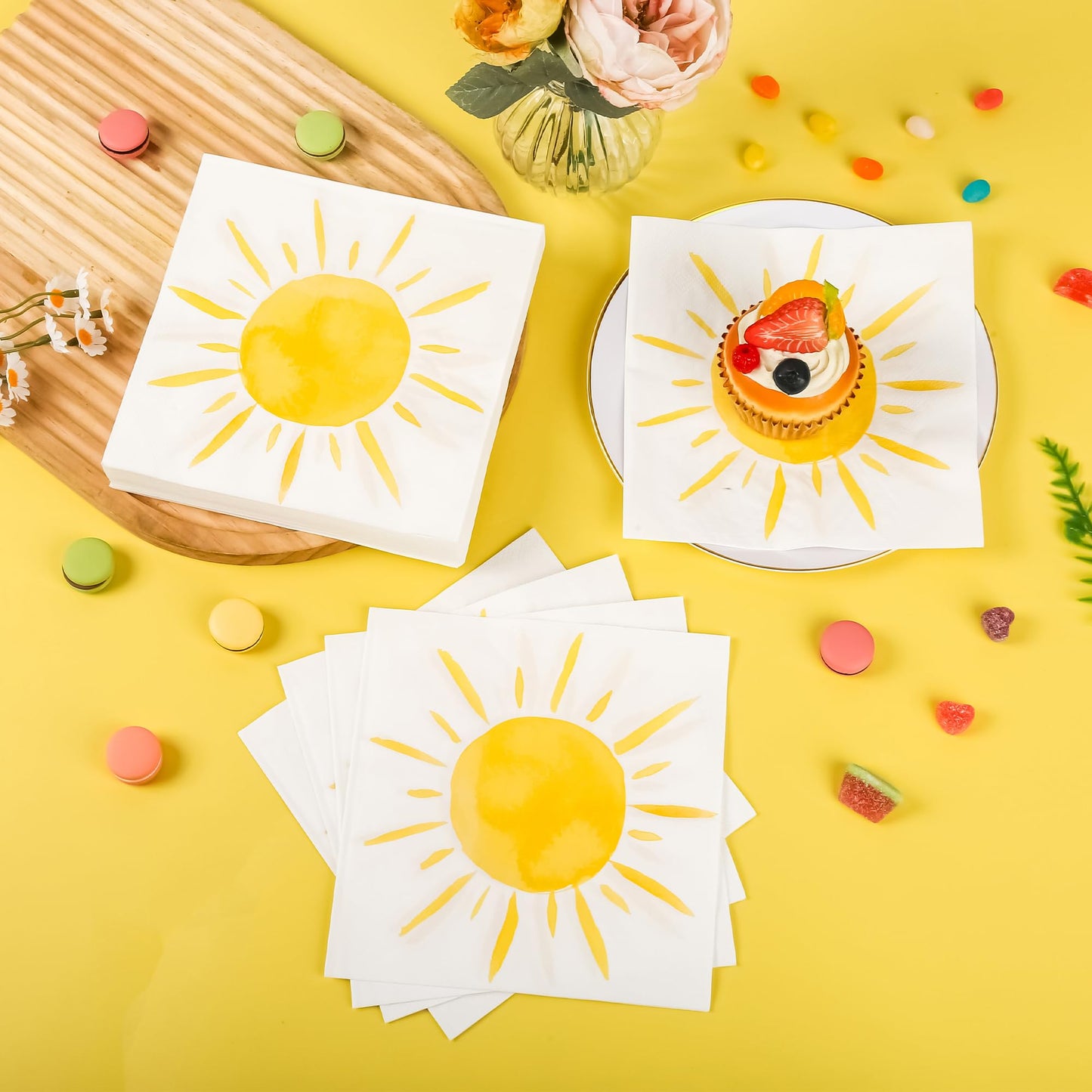 100Pcs Boho Sun Party Napkins First Trip Around The Sun Disposable Paper Napkins Hippie Summer Sunshine 6.5" Luncheon Cocktail Napkin for Birthday Baby Shower Party Supplies