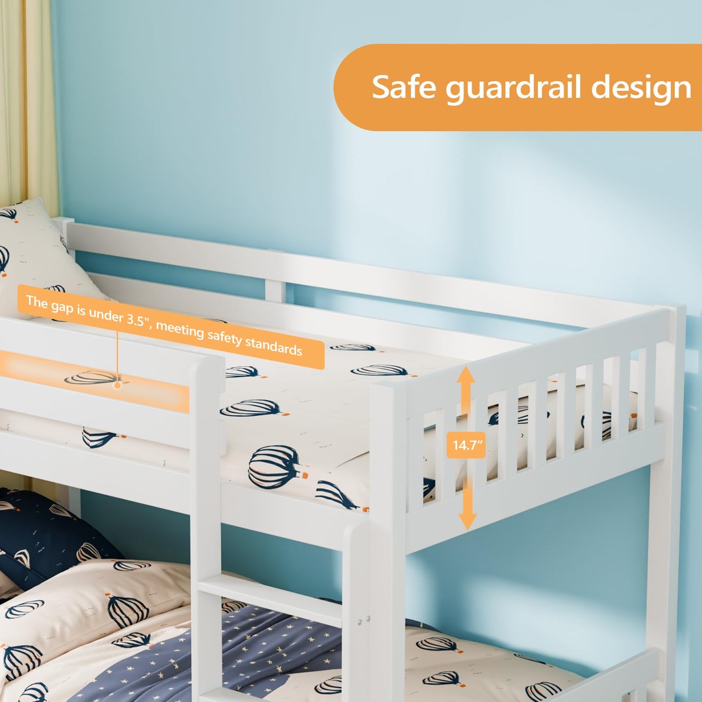 JOYMOR Solid Wood Low Twin Over Twin Bunk Bed for Kids/Junior, Bunk Bed Frame with Guardrails & Ladder for Boys Girls, No Box Spring Needed (White)