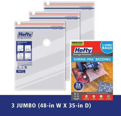 Hefty Shrink-Pak Vacuum Storage Bags, Space Saver for Under Bed, Clothing and Comforter Storage, 3 Jumbo Bags