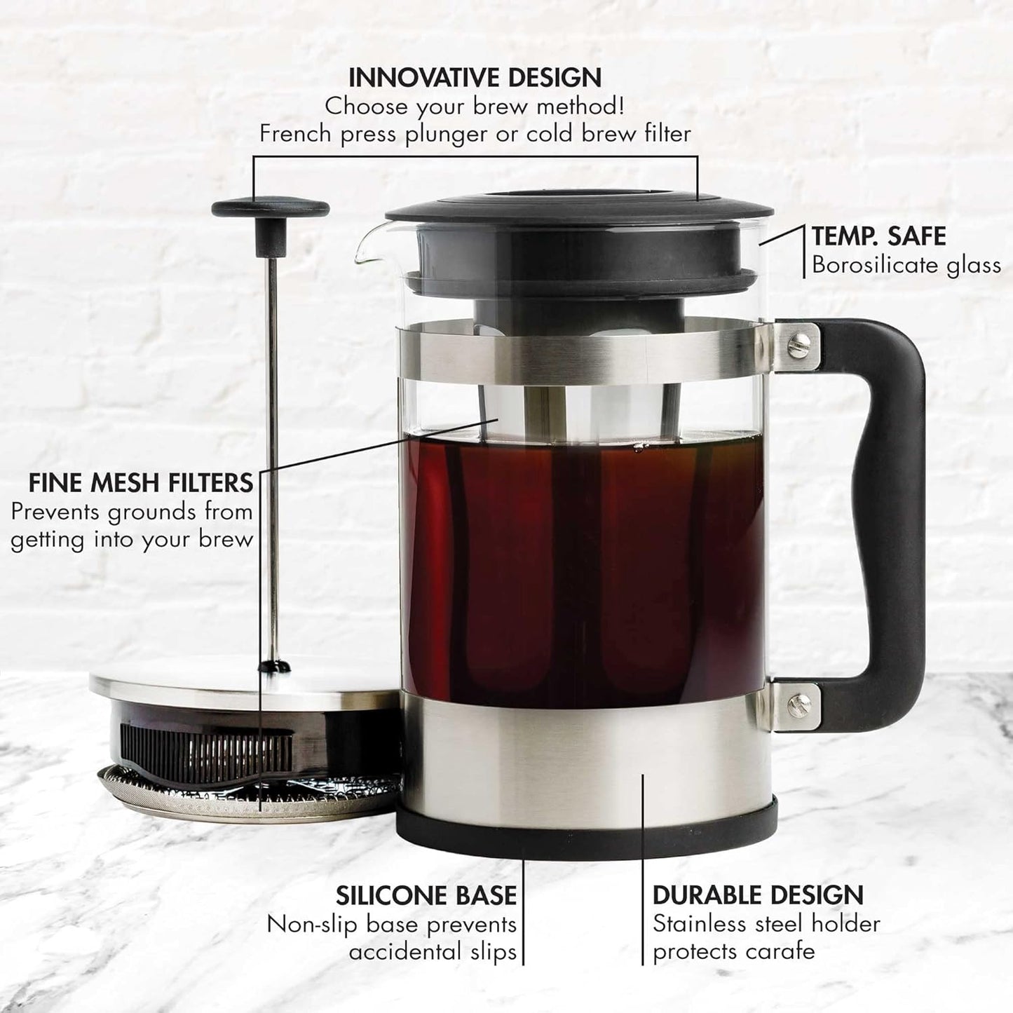 Primula 2-in-1 Coffee Maker, French Press & Cold Brew, 6 Cup Size, Durable Glass Carafe, Comfort Grip Handle