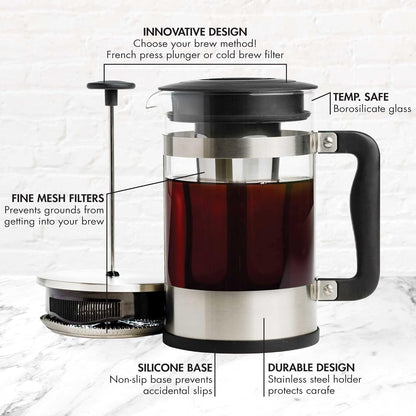 Primula 2-in-1 Coffee Maker, French Press & Cold Brew, 6 Cup Size, Durable Glass Carafe, Comfort Grip Handle
