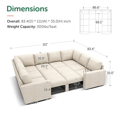 HONBAY Sleeper Sectional Couch with Pull Out Bed, Modular Sofa with Storage Seats, U Shaped Sectional Couches for Living Room, Beige