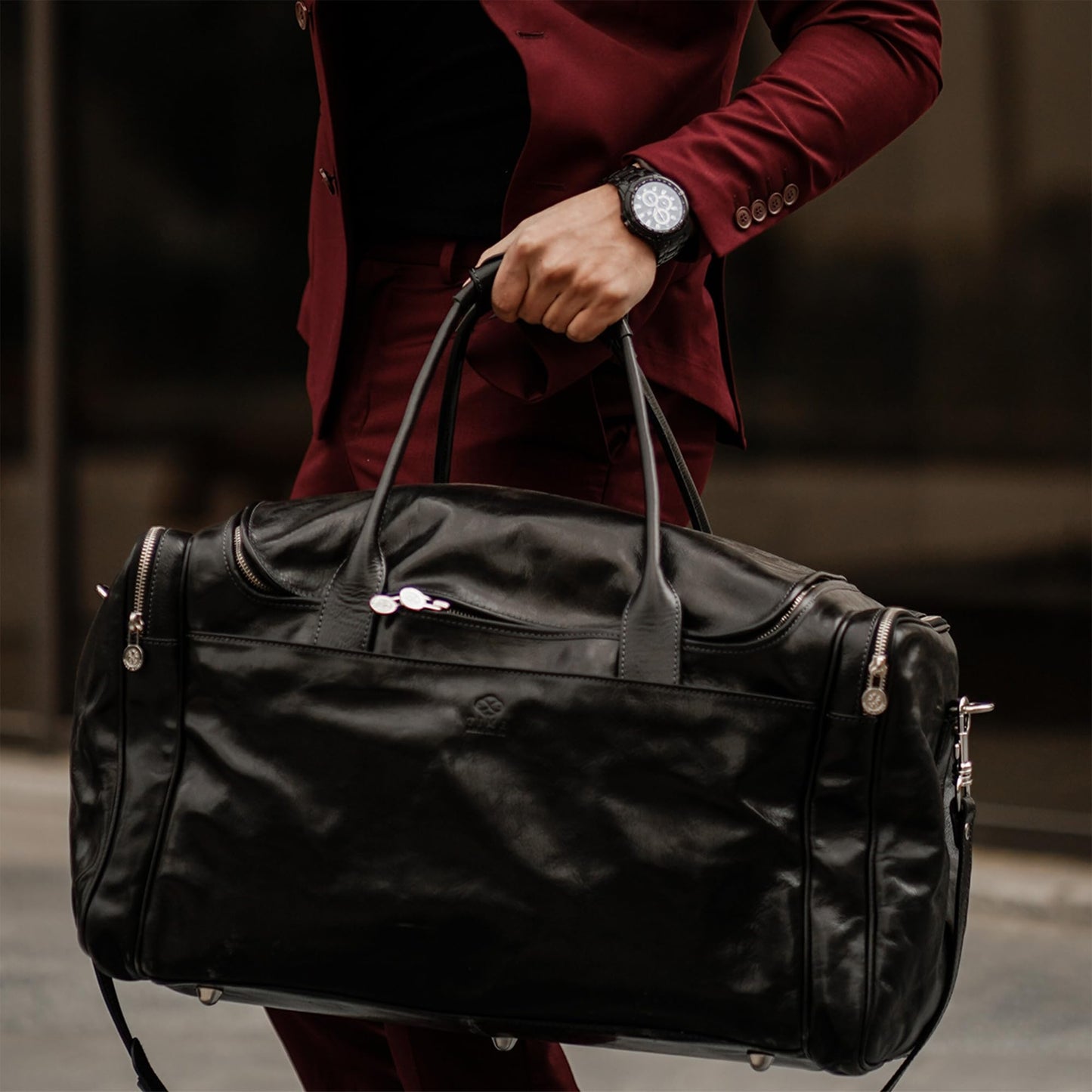 Time Resistance Leather Duffel Bag - Large Weekend Gym Travel Bag (Black)