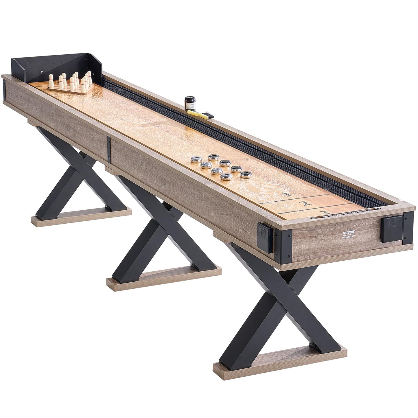 VEVOR Shuffleboard Table, 11.5 ft Shuffleboard for Family Game Rooms, 2 in 1 Shuffleboard and Bowling Combo Game Set, with Scratch-Resistant Playfield, Legs, 8 Pucks, Bowling Set, Wax, and Table Brush