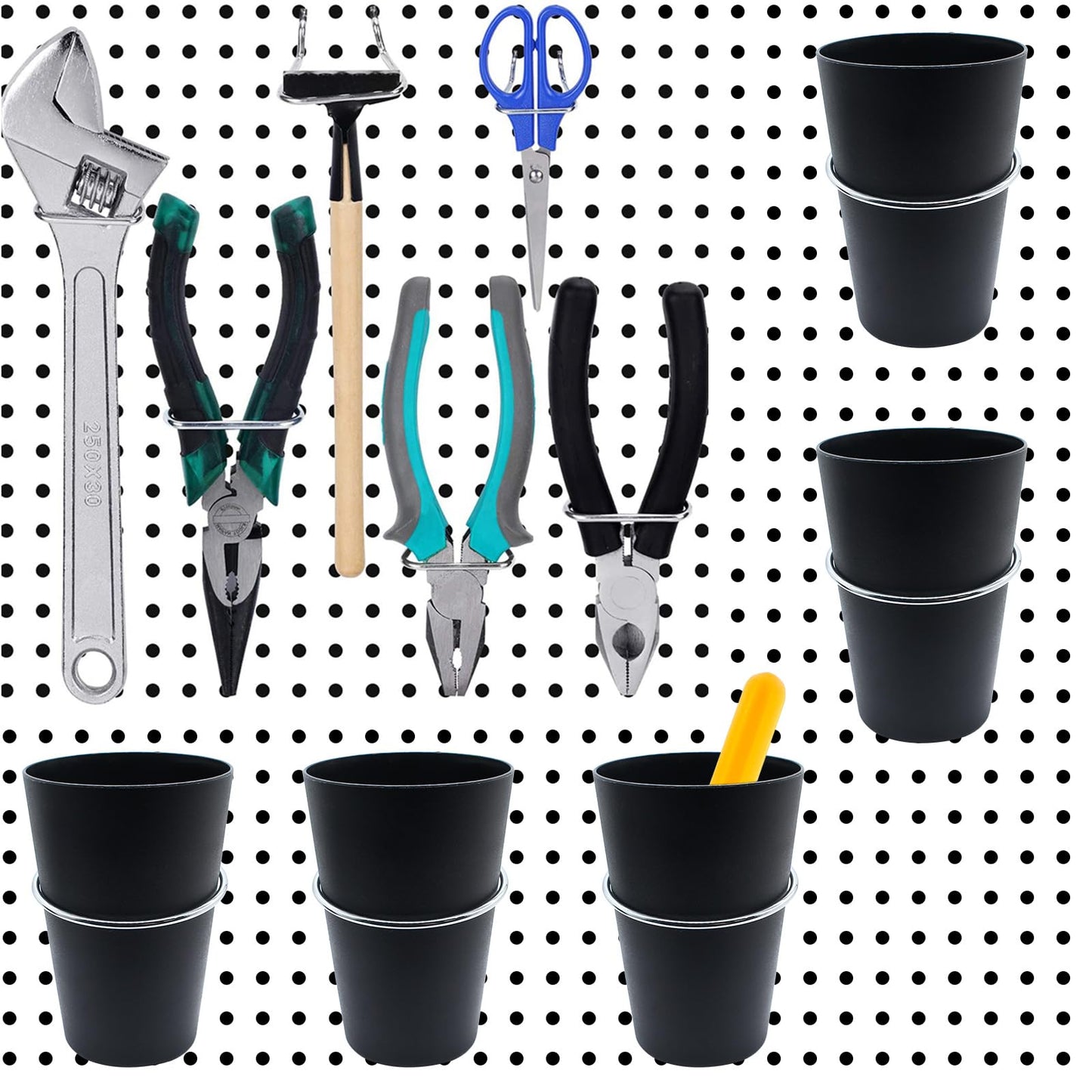 Moicstiy 6 Set Pegboard Bins with Rings, Ring Style Pegboard Hooks with Pegboard Cups Pegboard Cup Holder Organizer for Art, Craft Storage (Black)