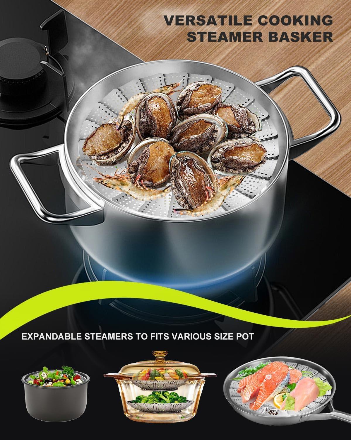 Vegetable Steamer Basket - 2 Layer Large Capacity Food Steamer for Cooking, Stainless Steel Folding Expandable