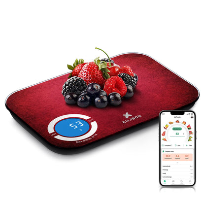 EILISON Smart Kitchen Scale with Bluetooth App, High-Precision Digital Food Scale for Baking, Cooking & Diet, 8000 Food Database, 24 Nutrients, Touchscreen, Tare Function, 5g-8000g Capacity (Red)