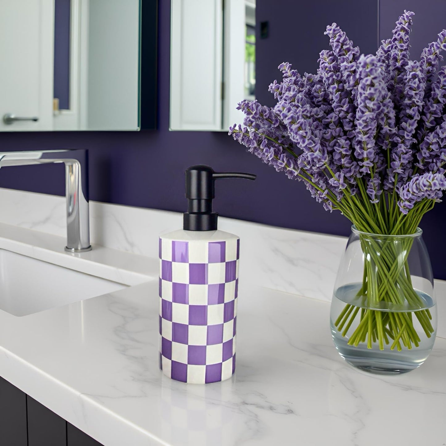 Hand Soap Dispenser, Purple Soap Dispenser with Stainless Steel Pump for Bathroom/Kitchen Countertop, Ceramic Modern Cute Refillable Lotion/Liquid Bottles for Bathrooms,Lavender Bathroom Decor (15oz)