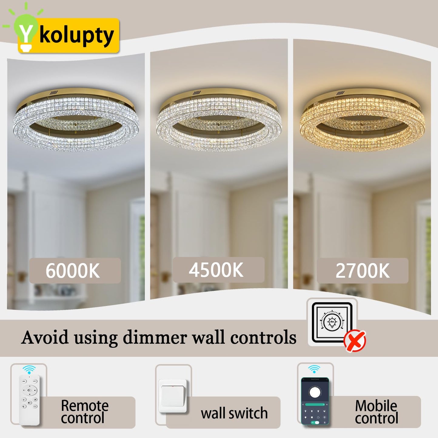 ykolupty 40'' Crystal Chandelier for Living Room Large Chandeliers for Living Room Crystal Flat Mounted Ceiling Lights Dining Room Bedroom Dimmable 2700-6000K (Gold Chandelier)